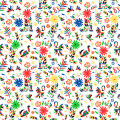 Seamless pattern with animal and floral ornament in the style of Mexican otomi embroidery