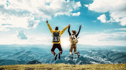 Wall Mural - Hikers with backpacks jumping with arms up on top of a mountain - Couple of young happy travelers climbing the peak - Family, travel and adventure concept	
