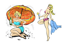 Vintage Pinup Woman , Blond Gair Girls In Bikini With Drinks