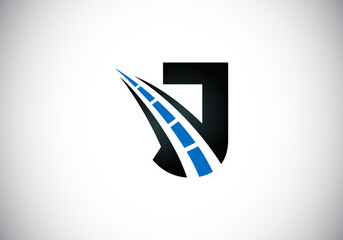 Letter J with road logo sing. The creative design concept for highway maintenance and construction. Transportation and traffic theme.