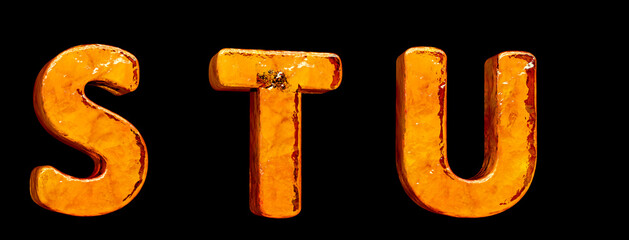 Rust alphabet. Letters S, T, U in 3d render.  Black background. Path save.