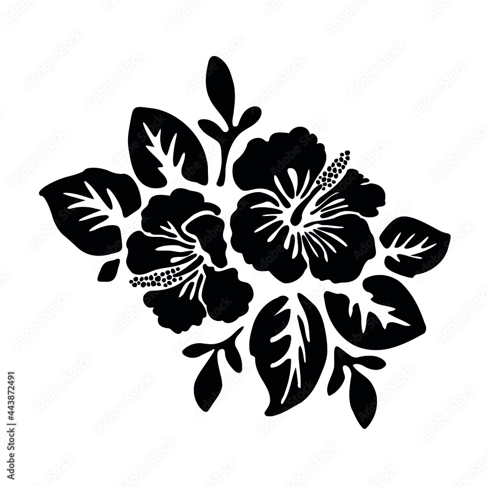 Black tropical exotic hibiscus flowers vector tattoo silhouette drawing illustration.Hawaiian floral stencil design element.Plotter laser cutting.Vinyl wall sticker decal.Cut file. Print. Leaves. DIY. Stock Vector | Adobe Stock