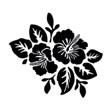 Black Tropical Exotic Hibiscus Flowers Vector Tattoo Silhouette Drawing Illustration.Hawaiian Floral Stencil Design Element.Plotter Laser Cutting.Vinyl Wall Sticker Decal.Cut File. Print. Leaves. DIY.