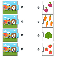 Wall Mural - Education match game for kids. Counting from 1 to 4. Count the vegetables in the tractor. Collection puzzle with numbers and vegetables. Puzzle Game, Mosaic