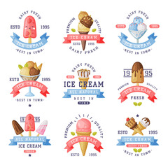 Sticker - Ice Cream Logo Design Collection, Best Fresh Dairy Products Labels Cartoon Vector Illustration