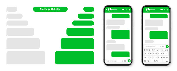 Realistic smartphone with messaging app. Blank SMS text frame. Conversation chat screen with green message bubbles. Social media application. Vector illustration.