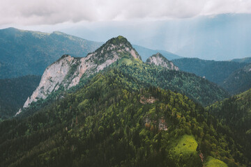 Aerial view mountains and forest landscape nature moody weather scenery travel in wilderness beautiful destinations summer season