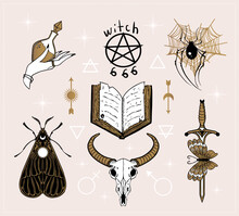 Magic Witch Symbols: Moon,spider, Sun, 666, Spell Book, Magic Potion, Sword, Bull Skull, Occult Witchcraft