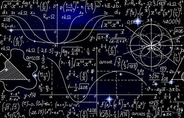 Wall Mural - math vector seamless pattern with formulas, figures and calculations handwritten on starry space bac