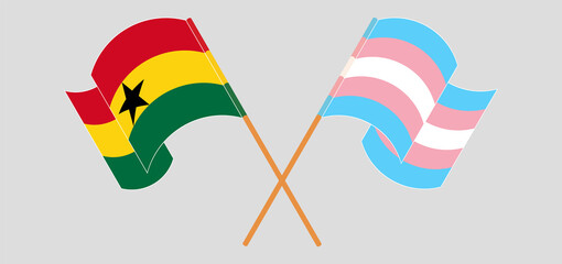 Crossed and waving flags of Ghana and Transgender Pride