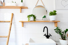 Stylish Sink, Wooden Furniture, Round Mirror And Plants In White Small Interior Of Bathroom.