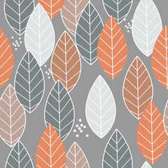 The seamless pattern is simple abstract, minimalistic. Leaves of trees in random order. Natural modern Scandinavian ornament. Vector graphics.