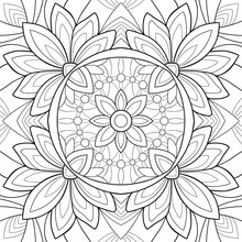 Decorative Mandala With Simple Flowers And Patterns On A White Background. For Coloring Book Pages.