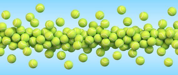 Wall Mural - Many tennis balls flying on blue background. Realistic vector background