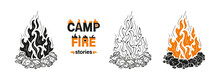 Campfire Stories. Bonfire Fenced With Stones. Fire Flame And Stone Border. Vector Set Of Outline And Silhouettes Drawing