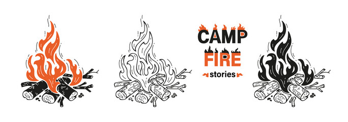wood campfires and campfire stories inscription. outdoor bonfire. fire flames and wooden logs. burni