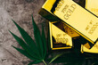 The cannabis plant with gold ingots. Gold bars with marijuana leaves.