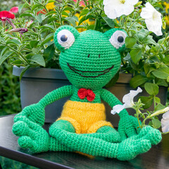 Wall Mural - Handmade amigurumi doll frog and flowers.