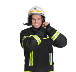 Wall Mural - Portrait of firefighter in uniform wearing helmet on white background