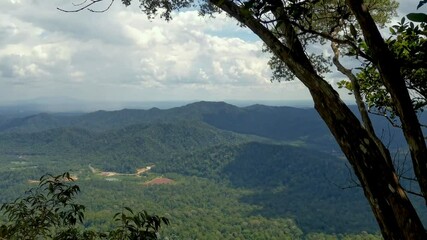 Wall Mural - Panorama of tropical rainforest mountains at Gunung Panti, Malaysia. Mountains, peaks, cliffs, rocks, ridges, landscape, green grass, sky, clouds, nature, uncultivated nature, view from mountain peak