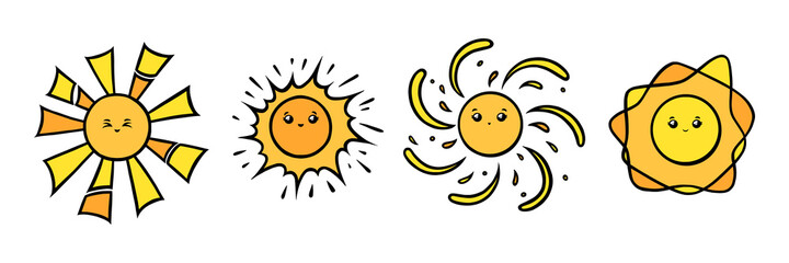 Kawaii sun characters with eyes and smiles. Yellow sun smiling faces in doodle style. Black and white vector illustration isolated in white background