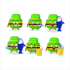 Wall Mural - A fisherman kiwi macaron cartoon picture catch a big fish. Vector illustration