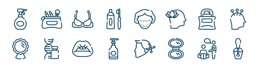 beauty icons set such as cosmetic case, tooth paste and brush, parfume bottle, mirror reflection, women lips, therapy outline vector signs. symbol, logo illustration. linear style icons set. pixel