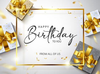 Wall Mural - Happy birthday vector banner template. Happy birthday to you greeting text in gold frame empty space with gifts and confetti celebration elements for elegant birth day card design. Vector illustration