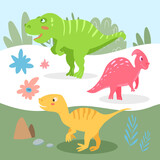 Fototapeta Dinusie - Set of cute carnivorous and herbivorous dinosaurs on the background of nature. Vector illustration in cartoon style for kids