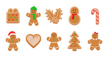 Gingerbread Christmas Cookies. Xmas Cute Biscuits. Classic Ginger Bread Men, Tree, Gift, Holly, Snowman And Heart. Noel Holiday Sweet Dessert Isolated On White Background. Vector Illustration.