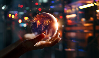 Wall Mural - earth at night was holding in hands on night city background , energy saving, earth day