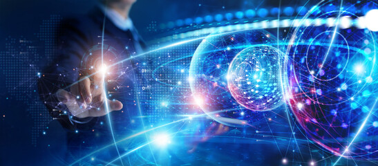 Leinwandbilder - Global business network concept. Businessman touching global network and data exchanges on cyberspace, big data and technology.