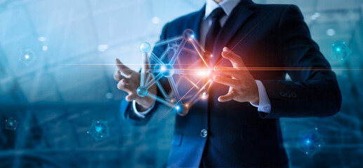 Fototapete - Businessman holding abstract digital networking structure on global network connection and data exchanges worldwide, Business network communication and technology concept.