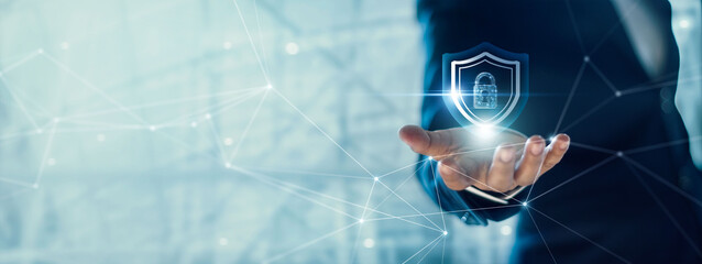Poster - .Businessman holding Shield with padlock in hand on global networking connection, Data protection and network security, insurance business, internet fire wall and crime cyber protection.