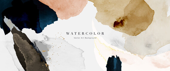 Wall Mural - Watercolor art background vector. Wallpaper design with paint brush and gold line art. Earth tone blue, pink, ivory, beige watercolor Illustration for prints, wall art, cover and invitation cards.