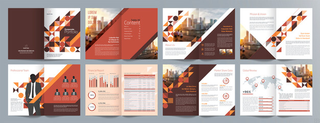 Corporate business presentation guide brochure template, Annual report, 16 page minimalist flat geometric business brochure design template, A4 size.