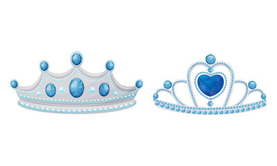 Wall Mural - Blue Tiara or Diadem as Jeweled Ornamental Crown Vector Set