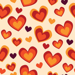 Wall Mural - Retro 70's love heart seamless vector pattern. Yellow, orange, red and purple scattered heart shapes on beige background. Funky, groovy seventies style design. Repeat backdrop wallpaper texture print.