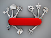 Technology Icons Connected To Swiss Knife. 3D Illustration