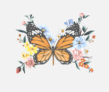 Butterfly In Colorful Bouquet Of Flowers Vector Illustration