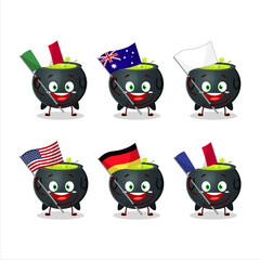 Poster - Witch cauldron cartoon character bring the flags of various countries