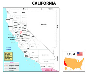  Political map of California in white color.