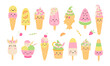 Ice cream party set. Cute ice creams cones and popsicles with fun faces. Kawaii cartoon style. Vector illustration.