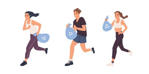 Sticker - Plogging concept. Set of people running with bags and picking up litter. Men and women jogging and collecting garbage. Volunteers at eco activity. Flat vector illustration isolated on white background