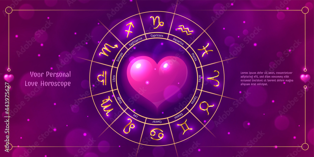 Your personal love horoscope zodiac signs in wheel. Astrology prediction banner, card with glowing astrological symbols and pink heart inside on pink background vector illustration - obrazy, fototapety, plakaty 