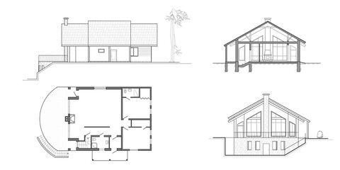 Archtectural project: floor plan, fasades and cross section suburban house. Drawing of the modern building. Cottage project on white background. Vector blueprint.