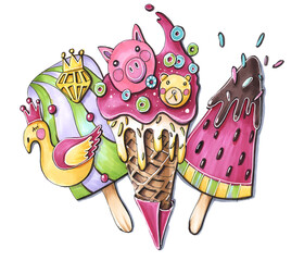 bright illustration with markers for children cartoon style ice cream popsicle on a stick and in a waffle cone with figurines of animals and flamingos