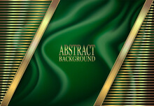 Abstract Background For Design. Satin, Green Draped Fabric With Gold Decor.