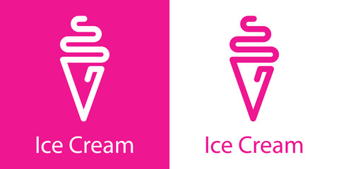 Sticker - Logotipo con texto Ice Cream con helado de cono minimalista con lineas en fondo rosa y fondo blanco