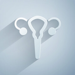 Paper cut Female reproductive system icon isolated on grey background. Anatomy. Gynecology. Woman health. Paper art style. Vector